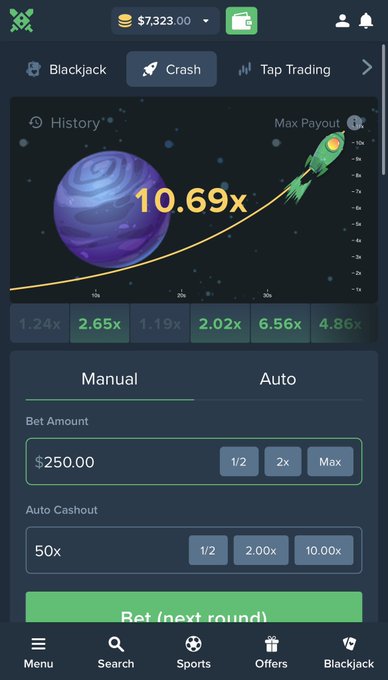 A mobile betting interface displays a rocket-themed crash game with a current multiplier at 10.69x, showing previous rounds ranging from 1.19x to 6.56x. The user has set a $250 bet with a 50x auto cashout target, awaiting the next round to place their wager.