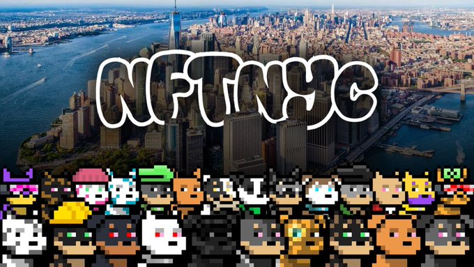 An aerial view of Manhattan/New York City skyline is overlaid with stylized 'CRYPTO' text and a bottom border of colorful pixel-art cryptocurrency coin characters.