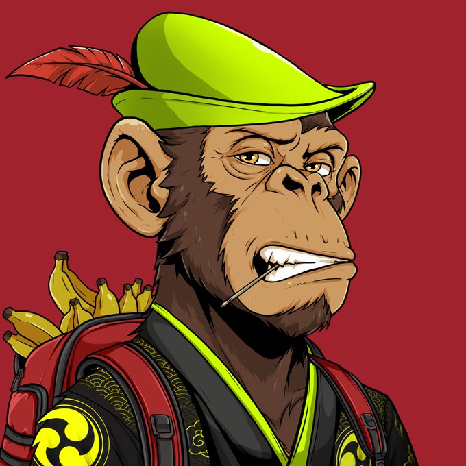 A digital illustration of a stern-looking chimpanzee wearing a green hat with a red feather and a backpack full of bananas, set against a red background.