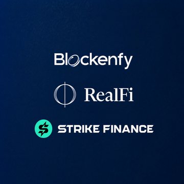 Three logos are displayed against a dark blue background: "Blockenfy," "RealFi," and "Strike Finance," visually representing the three entities mentioned in the announcement about Blockenfy's sUSDrf allocation to Strike Finance alongside its investment in RealFi to explore Cardano ($ADA) DeFi opportunities.