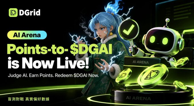 A promotional graphic for "DGrid AI Arena" announcing that "Points-to-$DGAI is Now Live" with the tagline "Judge AI. Earn Points. Redeem $DGAI Now.", featuring an anime-style blue-haired character and a green robot mascot surrounded by glowing coins.