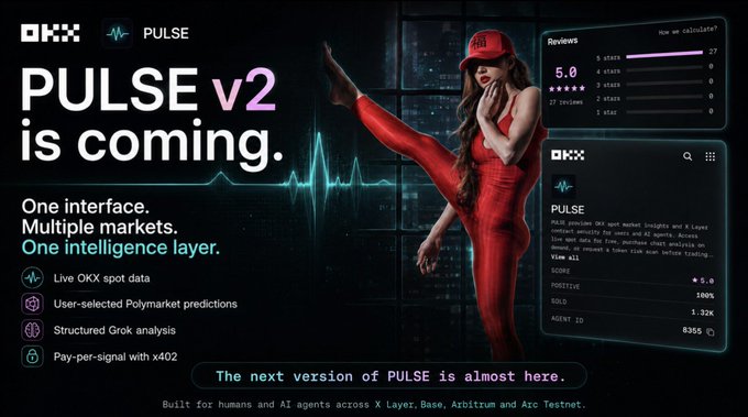 A promotional graphic for OKX Pulse v2, featuring a woman in a red outfit posing next to a stock chart, with text reading 'PULSE v2 is coming' and 'One intelligence layer.'