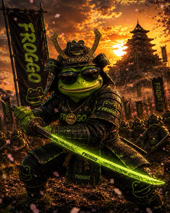 A samurai frog character branded with 'FROGGO' logos, wearing dark armor and sunglasses, wielding a glowing green katana against a sunset backdrop with a Japanese castle and frog army.