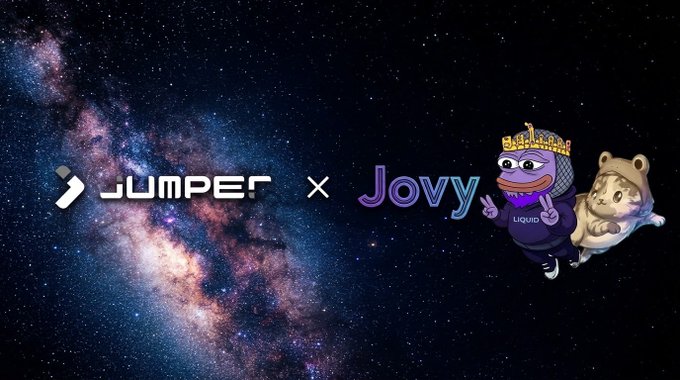 A promotional graphic on a starry galaxy background featuring the logos 'Jumper' and 'Jovy' with cartoon characters, including one wearing a crown and another in a bear hoodie.