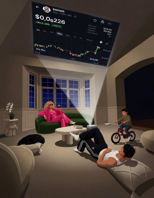 A stylized illustration of a family in a living room watching a projected trading chart for the $MOMS token showing a price of $0.06,226 with various market statistics.