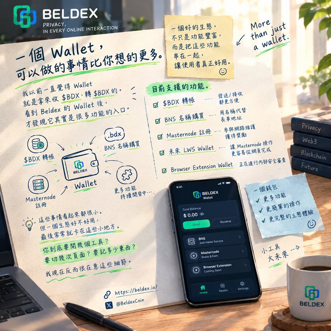 A promotional graphic for BELDEX wallet featuring a phone displaying the wallet app, sticky notes with Chinese text explaining features like $BDX, BNS, and Masternode, and the slogan 'PRIVACY, IN EVERY ONLINE INTERACTION'.