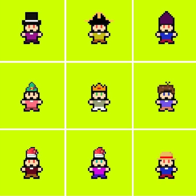 A 3x3 grid of nine pixel-art cartoon characters on a lime green background, each featuring different outfits and headwear including top hats, pointy hats, and crowns.