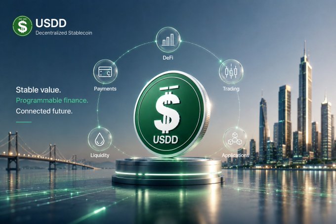 A USDD Decentralized Stablecoin promotional graphic with the tagline 'Stable value. Programmable finance. Connected future,' featuring a coin with surrounding satellite icons for DeFi, Payments, Trading, Liquidity, and Applications against a city skyline.