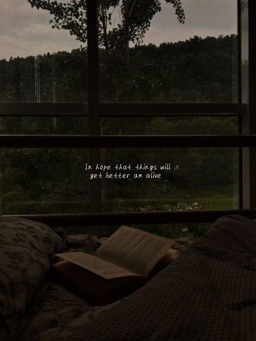The image features a bed with an open book resting on top of it, along with a pillow. The background includes a window overlooking a forest or park, adding a serene atmosphere to the scene. The caption reads "in hope that things will get better an" and is written in white text against a dark gray color scheme.