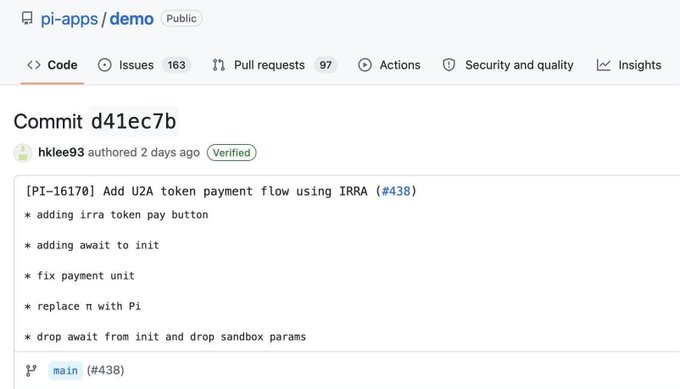 A GitHub commit page from the "pi-apps/demo" repository showing commit d41ec7b by hklee93, titled "[PI-16170] Add U2A token payment flow using IRRA," which directly supports the post's claim about developer hklee93 completing the V26 loop update (PI-16170) that adds a U2A payment process for IRRA token users.