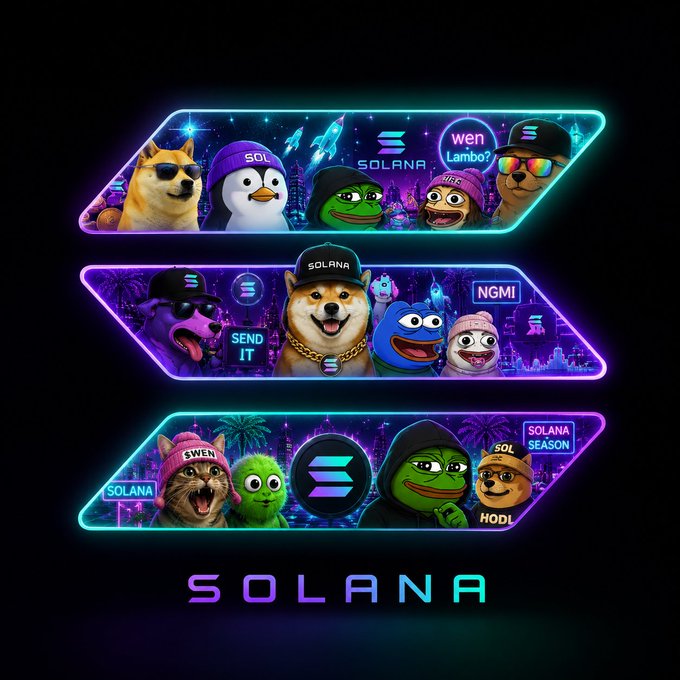 A neon-styled graphic featuring three rows of Solana crypto meme characters (including Doge, Pepe, and various animal mascots wearing Solana hats) with the 'SOLANA' logo prominently displayed at the bottom.