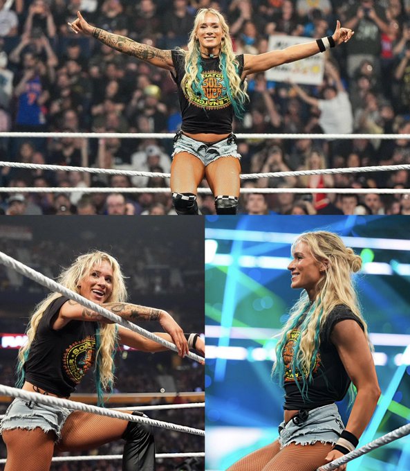 A collage of three photos showing a female wrestler with long blonde hair featuring teal streaks, wearing a black graphic t-shirt and denim shorts, posing inside a wrestling ring in front of a large crowd.