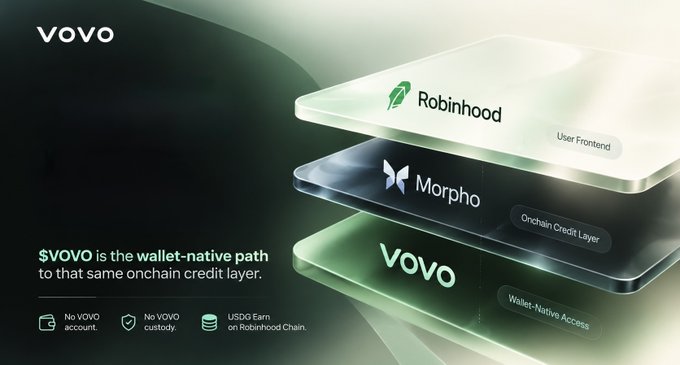 A promotional graphic for '$VOVO' explaining it as the wallet-native path to the onchain credit layer, featuring stacked layers for Robinhood (User Frontend), Morpho (Onchain Credit Layer), and VOVO (Wallet-Native Access).