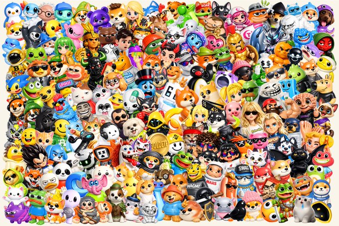 A densely packed collage of popular internet meme characters, doge-style Shiba Inus, and cartoon avatars (including Dodoco, Pepe, and others) layered together to visually represent the chaotic energy of an incoming meme coin season with competing online communities. The crowded, overlapping faces reinforce the post's theme of multiple meme projects vying for the title of "strongest community."