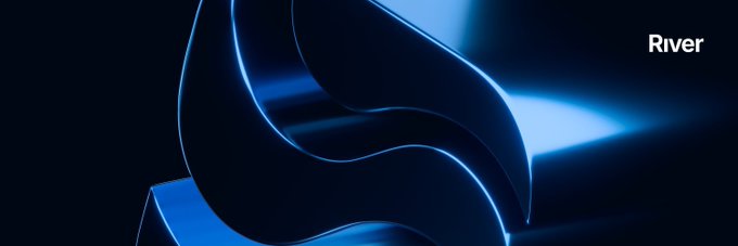 A dark abstract image features flowing, wave-like blue-lit shapes with the word "River" displayed in white text in the upper right corner. The aesthetic backdrop serves as a visual for the post announcing satUSD's new practical use case for paying at PIX QR codes in Brazil, though the image itself does not directly reference this crypto payment functionality.