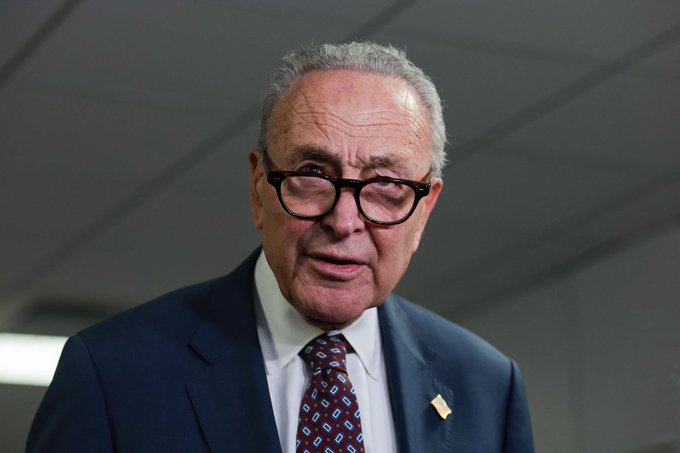 An elderly man with white hair and dark-rimmed glasses, wearing a navy suit and a patterned tie, is shown in a close-up portrait. The image accompanies an article about Senate Democratic Leader Chuck Schumer's proposed legislation to establish an anti-corruption bureau targeting the executive branch.