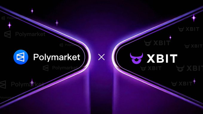 The image features a purple background with two XBIT logos, one on each side of an arrow pointing towards the center. The text "看准了时代大势或球赛胜负" is written above and below the arrows. This suggests that the post might be promoting a new cryptocurrency or discussing the benefits of using XBIT for trading.
