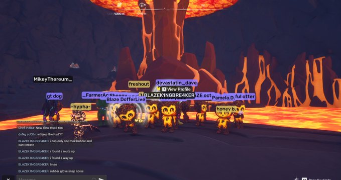 A Roblox-style game scene shows multiple cartoonish pumpkin-headed avatars with player name tags (including 'MikeyThereum_', 'treshout', 'devastatin_dave', 'honey b.a.') gathered around a glowing lava pool in a volcanic cave; chat text mentions 'BLAZEKINGBREAKER' and 'rubber glove snap noise'.