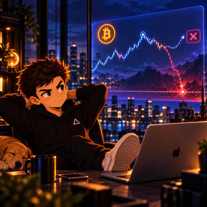 An anime-style young man relaxes with his hands behind his head next to a golden retriever, looking at a laptop while a holographic screen displays a Bitcoin logo and a declining price chart marked with an 'X'.