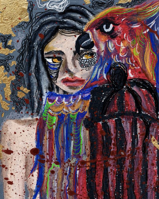 An abstract, colorful painting featuring distorted faces and figures with vivid reds, blues, golds, and splatters of paint, creating an expressive and surreal composition.