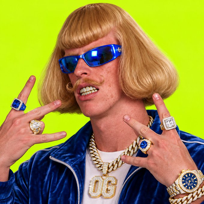 A vibrant portrait of a man with a blonde bob, mustache, blue sunglasses, and 'OG' grillz, wearing a blue velvet jacket and multiple diamond rings and chains against a neon green background.