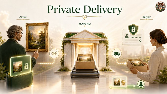 A promotional graphic for 'Private Delivery' by NOFU HQ, showing an artist and buyer connected through a secure, vaulted transaction system for artwork shipping.