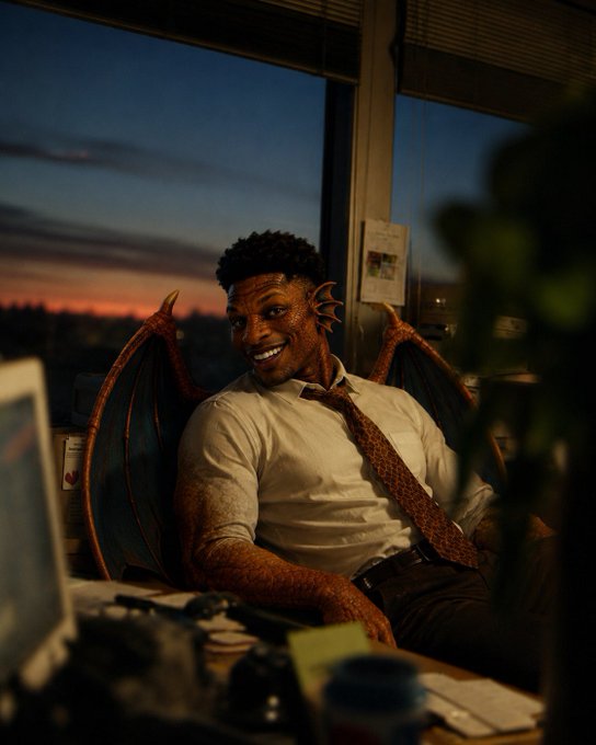 A man with scaly orange skin, small horns, and dragon-like wings sits in an office at dusk, smiling at the camera while wearing a white shirt and loosened tie.