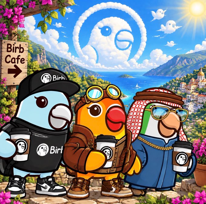 An illustration of three cartoon birds (a blue one in a Birb cap, a yellow one as a pilot, and a green one as a sheikh) holding coffee cups in front of a Mediterranean coastal village, with a cloud-formed Birb logo and 'Birb Cafe' sign.