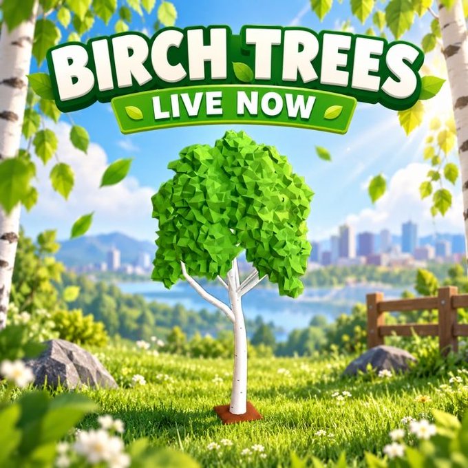 A vibrant promotional graphic announces "BIRCH TREES LIVE NOW" in bold green and white lettering, featuring a low-poly stylized birch tree with a white trunk and lush green canopy standing in a sunny grassy meadow with a city skyline in the background. The image visually reinforces the post's announcement about birch trees being available to plant in Upland, encouraging players with saved Birch Seeds to start growing their own.
