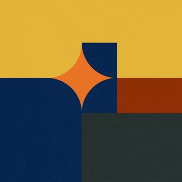 The image features a vibrant abstract composition that includes a star, squares, rectangles, and lines in various colors including blue, orange, black, and red. The background of the image is yellow with a blue border. The text "Three works from the Gestalt drawing system using the palette of Arthur Dove's Sun (1943)" is written at the bottom right corner of the image. This suggests that the artwork may be inspired by the work of Arthur Dove or could be part of an art project related to the Gestalt drawing system, which focuses on the visual perception and understanding of abstract forms and patterns.