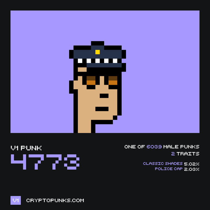 A pixelated CryptoPunk character with a police cap and classic shades against a purple background, labeled "V1 Punk #4773" with traits "Classic Shades 5.02%" and "Police Cap 2.03%," indicating it's one of 6033 male punks. This visual corresponds to the sale of CryptoPunk V1 #4773 for Ξ5.250 on OpenSea.