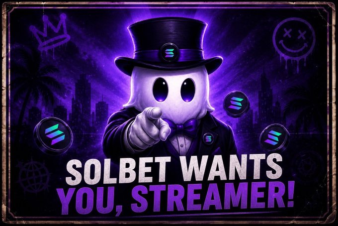 A stylized cartoon ghost wearing a top hat and bow tie points at the viewer in a purple, vintage-poster style graphic with bold text reading "SOLBET WANTS YOU, STREAMER!" — directly promoting Solbet's creator recruitment giveaway campaign targeting Solana streamers and content creators.