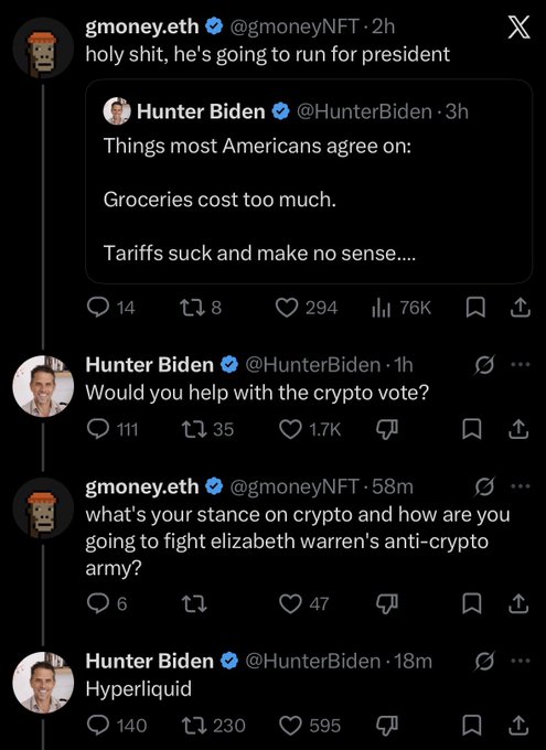 The image shows a Twitter feed with multiple posts, including one from Hunter Biden. The post features a conversation between Hunter Biden and Elizabeth Warren about the cost of groceries. The text in the post includes several questions related to this topic, such as "What's your stance on crypto and how are you going to fight Elizabeth Warren's anti-crypto sentiment?" This indicates that the post is likely discussing the impact of cryptocurrency on grocery costs and the potential implications for consumers.