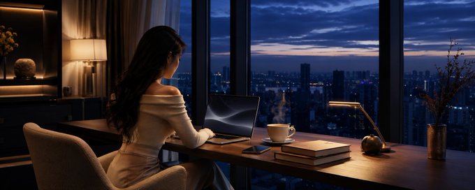 An AI-generated image of a woman working on a laptop at a desk by a large window overlooking a city skyline at twilight, with a coffee mug and books nearby.
