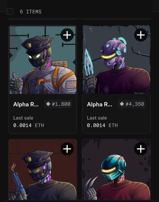 A mobile screen displays a grid of NFT items labeled 'Alpha R...' with prices listed in ETH (0.0014 ETH) and point amounts like '#1,800' and '#4,350'.