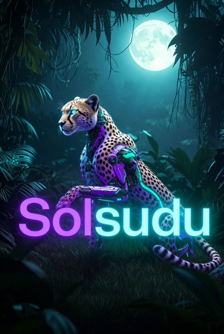The image features a leopard standing in front of a full moon with its tail raised high. The caption below the image reads "SOLSUDU - Guardian of Solana Built on speed. Driven by community. Powered by the unstoppable energy of Solana".