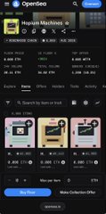The image is a screenshot from OpenSea showcasing the "Hopium Machines" NFT collection, displaying 2,800 items with a floor price of 0.002 ETH, a total volume of 1,228 ETH, and 4,352 owners, alongside three featured digital machine-themed artworks in its gallery view.