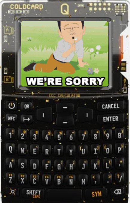 A ColdCard hardware wallet displays a "WE'RE SORRY" message with a cartoon of a person on the grass, shown on the device's screen above its full QWERTY keyboard, indicating an error or boot screen after a firmware update attempt.