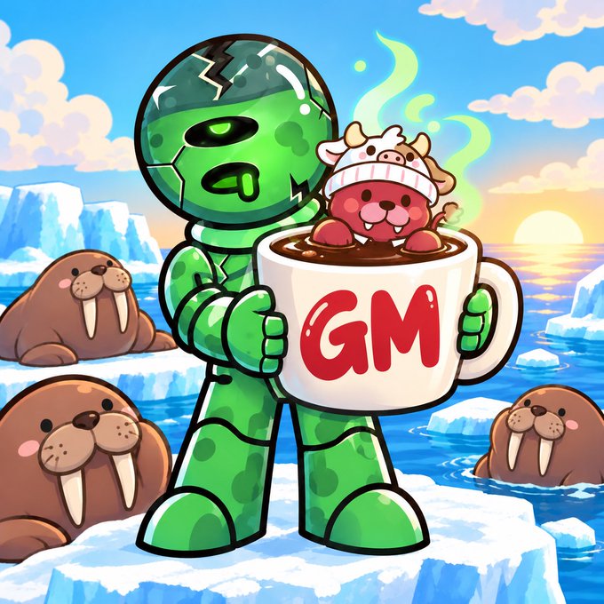 A cartoon illustration of a green-armored astronaut-like character holding a large mug labeled 'GM' with a small character peeking out of the cocoa, set against an arctic backdrop with walruses on icebergs.