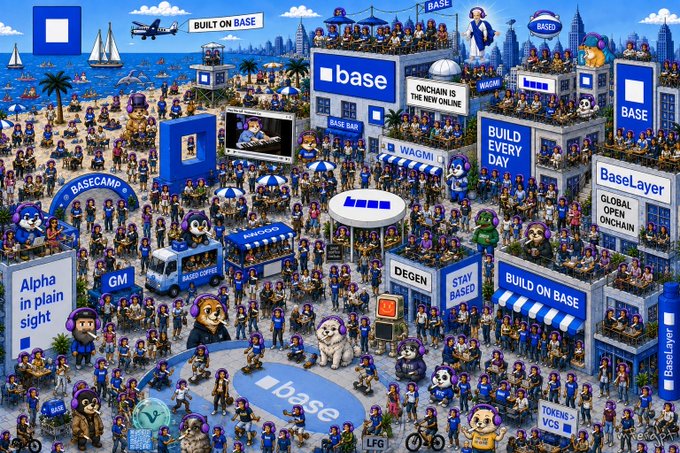 A colorful promotional illustration for Base (BaseLayer) showing a bustling on-chain city with references like 'BUILT ON BASE', 'GM', 'BASECAMP', 'Alpha in plain sight', 'WAGMI', 'STAY BASED', 'BUILD EVERY DAY', and 'GLOBAL ONCHAIN'.
