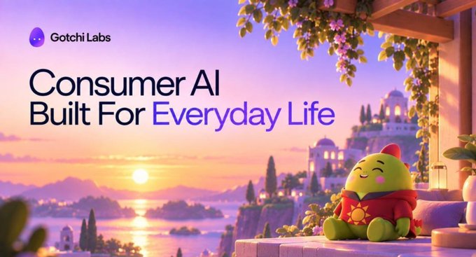 Gotchi Labs promotional graphic featuring the text 'Consumer AI Built For Everyday Life' alongside a cute green character in a red hoodie on a balcony overlooking a Mediterranean sunset.