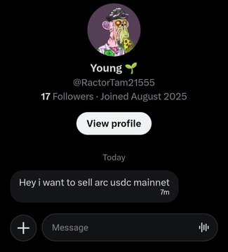 A Twitter/X DM conversation with a user named 'Young' (@RactorTam21555) with the message 'Hey i want to sell arc usdc mainnet'.