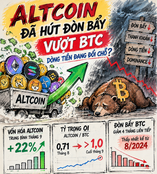 A hand-drawn infographic in Vietnamese about cryptocurrency, featuring a truck full of altcoin logos driving past a sleeping bear marked with the Bitcoin 'B' symbol, with text reading 'ALTCOIN ĐÃ HÚT ĐÒN BẨY VƯỢT BTC' and various statistics about altcoin market cap and BTC dominance.