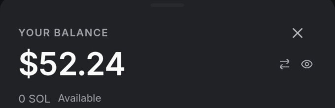 A mobile wallet screen showing 'YOUR BALANCE' of $52.24 with 0 SOL Available.