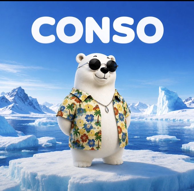 A 3D-rendered polar bear wearing sunglasses and a floral Hawaiian shirt standing on an ice floe, with the word 'CONSO' displayed above.