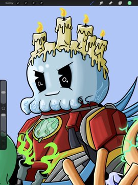 A digital illustration of a sad-looking skull character with melting candles on its head, wearing red and gold armor, drawn in a stylized art app interface.