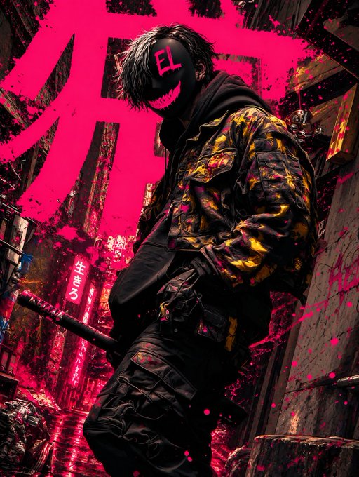 An anime-style illustration of a character wearing a black mask and yellow camouflage jacket, standing in a neon-lit urban environment with pink Japanese kanji in the background.