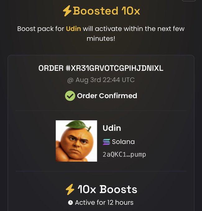 A confirmation screen displays a "Boosted 10x" notification for the Solana token $Udin (2aQKC1...pump), showing Order #XR31GRVOTCGPIHJDNIXL was confirmed on Aug 3rd at 22:44 UTC, with the 10x boosts active for 12 hours. The image aligns with the accompanying post celebrating the $Udin boost, emphasizing the trader's bullish outlook and the promised 10x gains driving the project's momentum.