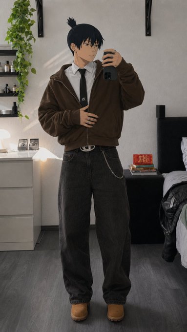 Mirror selfie of an anime-styled male character with black hair wearing a brown hoodie, black tie, dark jeans, and a silver chain belt in a bedroom setting.