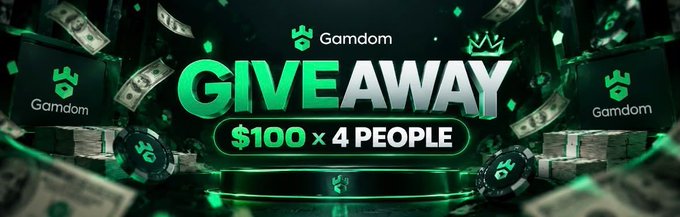 A promotional banner for a Gamdom giveaway featuring "$100 × 4 PEOPLE" displayed in bright green text against a background of flying dollar bills, black cubes, and poker chips. The image visually supports the post's request to engage for a chance at a giveaway prize, with four winners being selected.